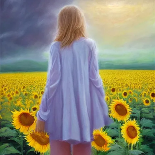 Image similar to a dreamy vision of girl levitating over amazing tall sunflower field, hair flowing, fog, early morning lightning, subtle, intricate details, real masterpiece, oil on canvas, by somsak anong