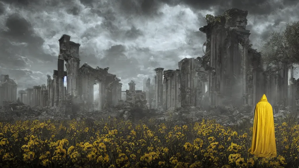 Image similar to King in yellow in middle of a ruins, horror, eldritch, 8K, concept art, DSLR, filmic, HDR, hyperrealism, Unreal Engine, volumetric lighting, Darkart