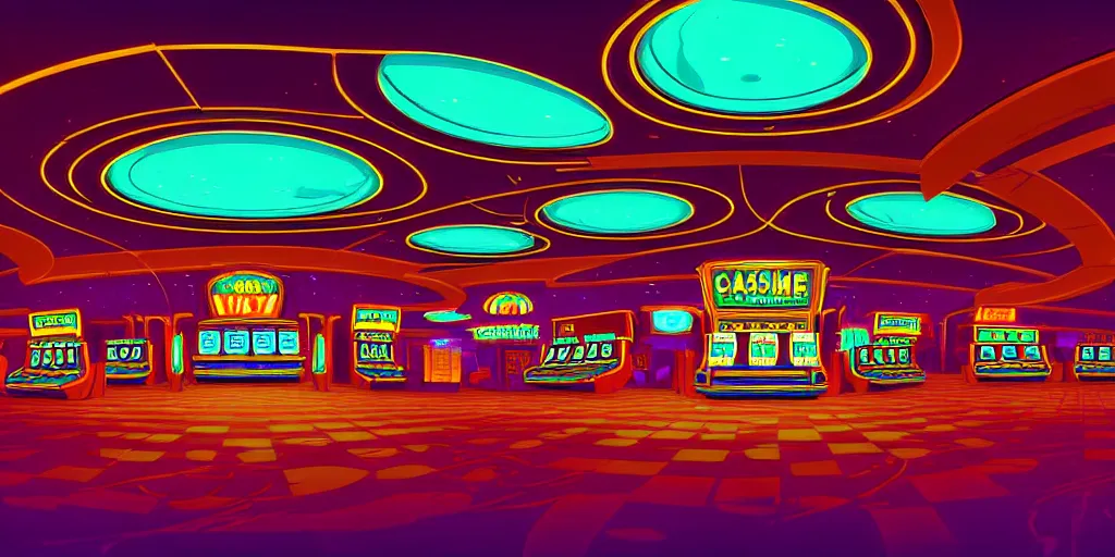 Image similar to extreme wide angle curly perspective digital art of indoor casino with a stage pale colors by anton fadeev from nightmare before christmas