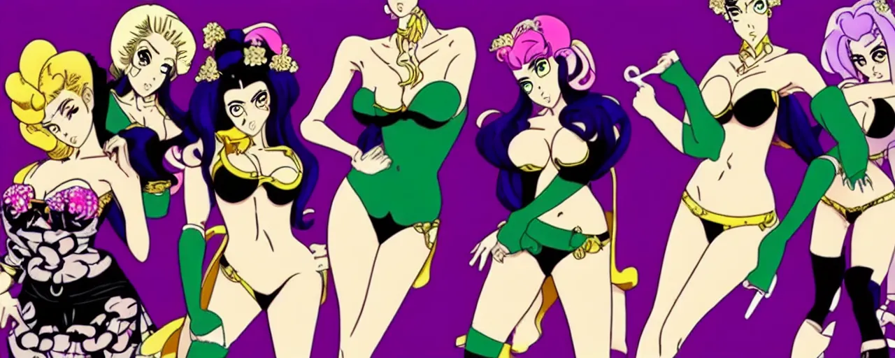 Prompt: Beautiful seductive women in the style of JoJo’s bizarre adventure. Award winning. Cel animation