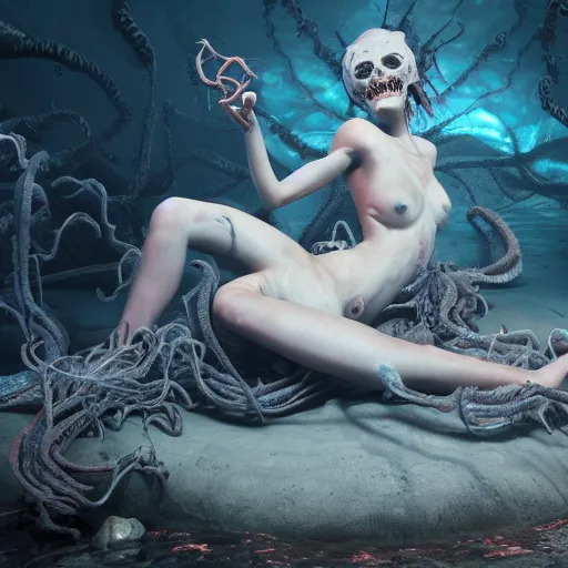 Prompt: beautiful, terrifying, demonic, full body female, with the body of a goddess, a beautiful porcelain face, with parasitic tentacles crawling up her, in a underwater horror scene, photo realistic, dramatic cinematic lighting, octane render, 4k, ultra detailed,