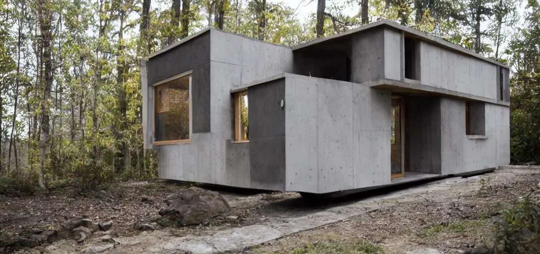 Image similar to brutalist tiny home made of stone