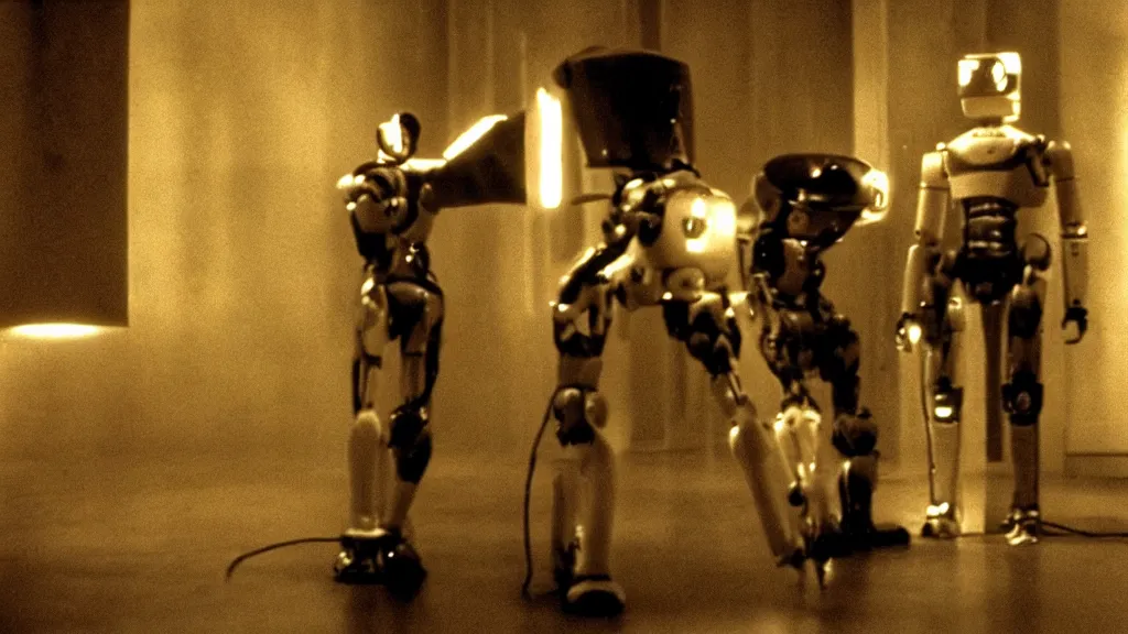Image similar to movie scene of a man and a robot having a moment of jealousy, movie still, cinematic composition, cinematic light, by david lynch and andrzej zuławski