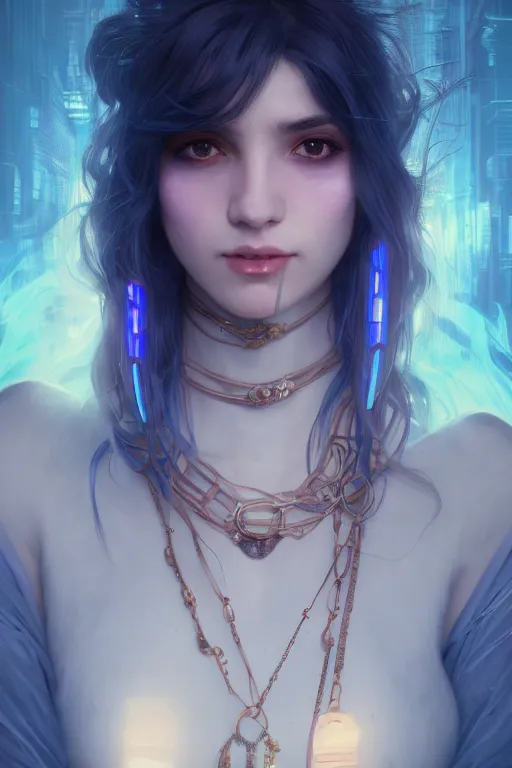 Image similar to portrait, vampire of clan banu haqim, light brown skin, night, long light blue hair, beautiful, in a cyberpunk city, neon signs, jewelry, alphonse mucha, william bouguereau, rossdraws, greg rutkowski, super detailed, realistic, octane render, volumetric, cinematic, 8 k