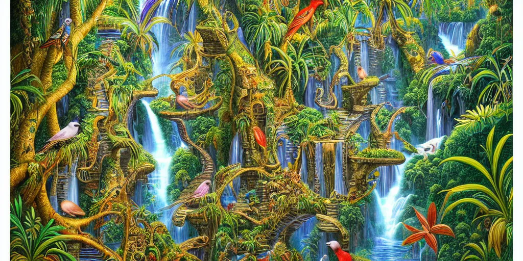 Prompt: visionary art, tropical eastern waterfall valley, with great birds, rich geometry, precise and incredibly highly detailed intricate 8 k wallpaper, john stephens, intricate stunning award winning masterpiece trending on artstation