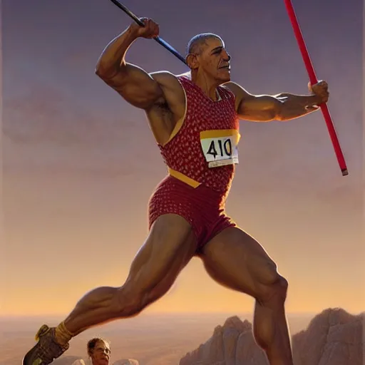 Prompt: detailed, digital painting, artstation, concept art, donato giancola, joseph christian leyendecker, wlop, boris vallejo, breathtaking, high details, extremely detailed, establishing shot, artistic, hyper realistic, octane render barrack obama throwing a javelin in traditional olympic uniform