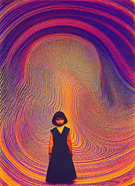 Prompt: realistic photo of a a blurred face of a girl, covered in a universal wave form pattern 1 9 6 0, life magazine photo, natural colors, metropolitan museum, kodak, 8 k, very detailed, high resolution, product photo,