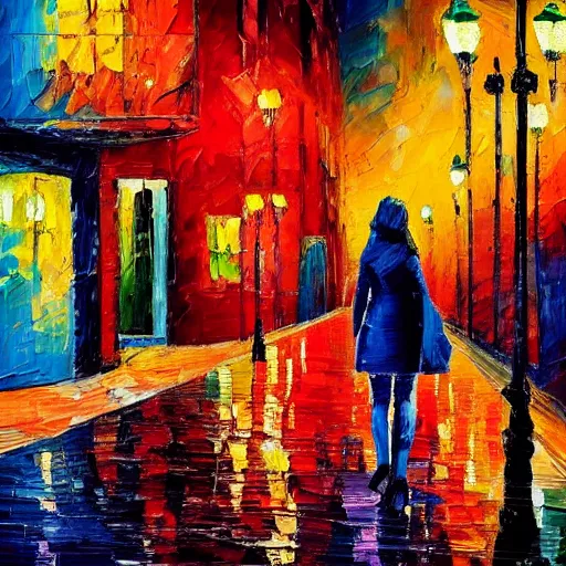 Image similar to impasto acrylic palette knife, impressionism and expressionism, strong emotional impact, bold colors, expressive brushstrokes, overall sense of movement in the composition. woman in a serene san francisco streetscape at night, trending on artstation