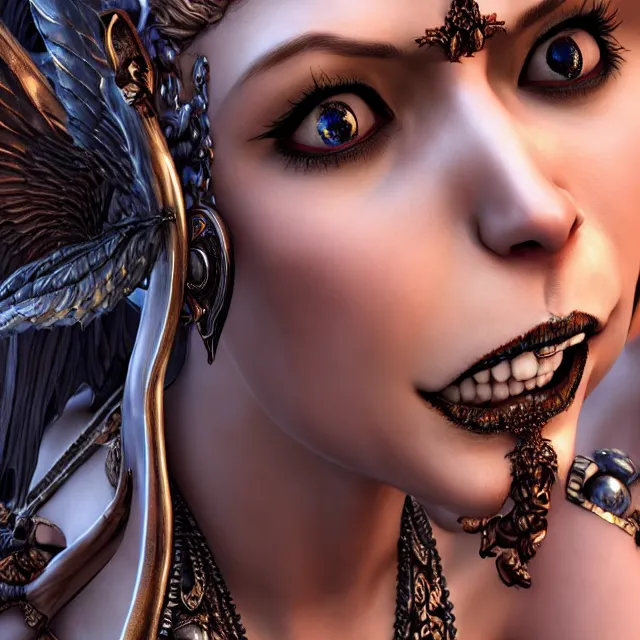 Image similar to perfectly centered close up portrait, candid photography, goddess of death, by anne stokes, updo, highly detailed, accurate, unreal engine 5