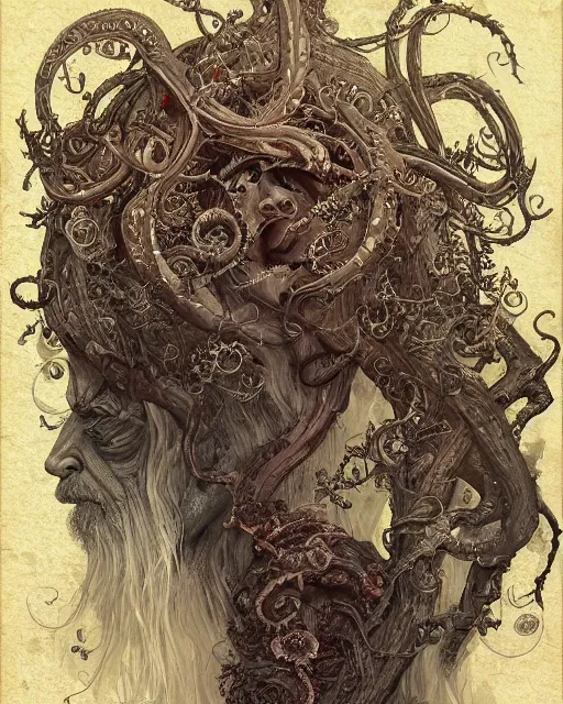 Image similar to centered beautiful detailed side view profile portrait of a insane old man, ornate tentacles growing around, ornamentation, thorns, vines, tentacles, elegant, beautifully soft lit, full frame, by wayne barlowe, peter mohrbacher, kelly mckernan, h r giger