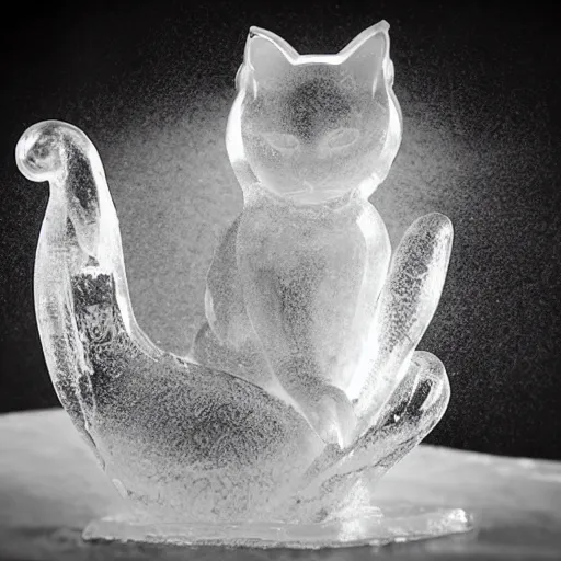 Image similar to ice sculpture of a cat, award winning photography, cinematic