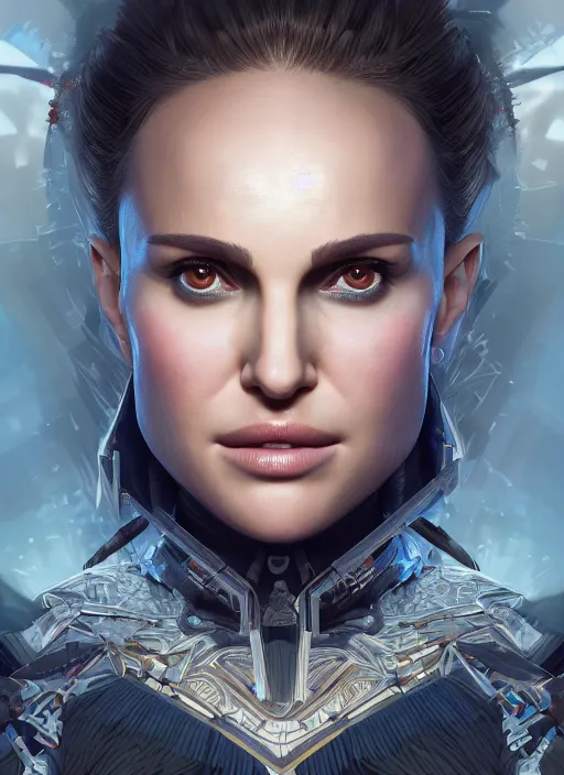 Image similar to symmetry!! portrait of natalie portman in the style of horizon zero dawn, machine face, intricate, elegant, highly detailed, digital painting, artstation, concept art, smooth, sharp focus, illustration, art by artgerm and greg rutkowski and alphonse mucha, 8 k