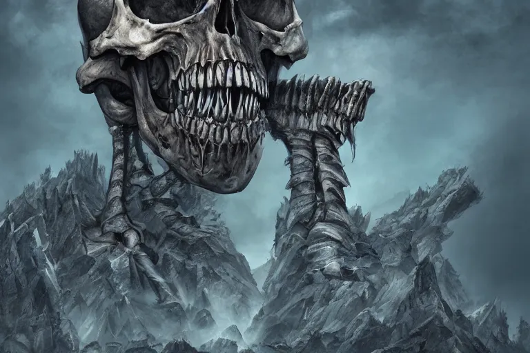 Prompt: giant skeletal ghoul devouring a mountain of skulls, digital painting, mixed media, trending on artstation and deviantart, epic composition, highly detailed, 8 k