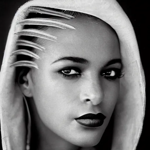 Prompt: black and white vogue closeup portrait by herb ritts of a beautiful female model, cuban, high contrast