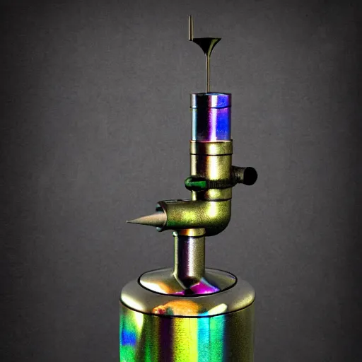 Prompt: unstable exotic matter powered raygun, well defined mechanical features, triadic chrome shading, iridescent liquid energy tank, dark background, softglow, sharp focus, full device, vintage style, charcoal and champagne