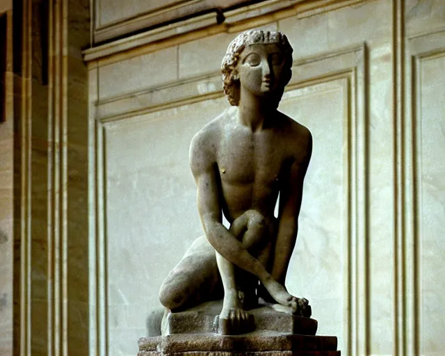 Prompt: deloreain ancient statue in louvre, circa 1 9 8 4