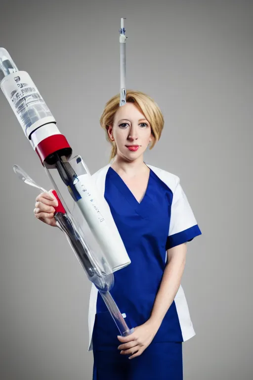 Image similar to elizabeth holmes as a psychopath nurse holding a giant syringe, cosplay, studio lighting