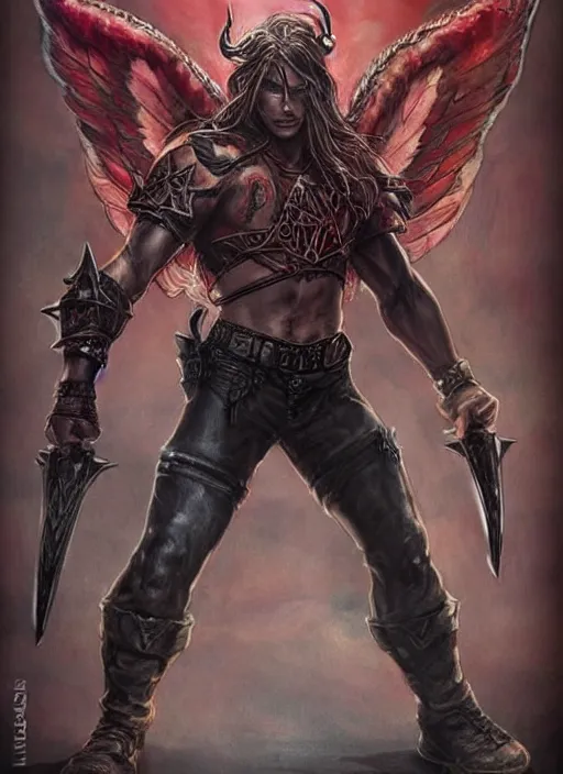 Image similar to high Fantasy Sam Winchester is a muscular armoured angel holding swords angei wings wide open, teared apart T-Shirt and jeans, red Sneakers, whole body tattooed with runes and satanic symbols, D&D!, fantasy style, sharp focus!, ultra detailed, art by Artgerm and Peter Andrew Jones, WLUP