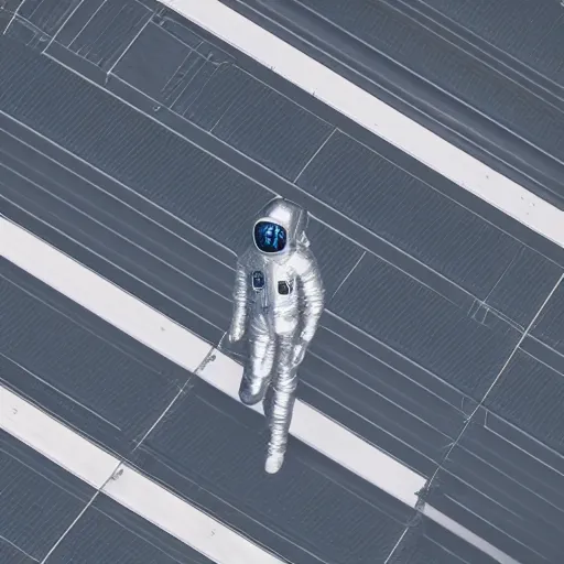 Prompt: man in silver space suit, walking on an industrial catwalk, suspended in the darkness of space, 4 k photograph, isometric view