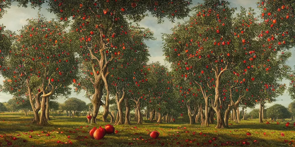 Prompt: ornate resplendent art of a supernatural grove of incredibly tall apple trees with branches laden with red apples, trunks stretch and twine upwards forming a vast colonnades that extend out in thin rows far into the distance, rolling hillocks of lush green grass, translucent leaves forming unbroken thick canopy set alight with a fragile late-afternoon sunlight that refracts off the apples brushed pink and red with exposure, a slight mist wafts through the trunks, by Darek Zabrocki, Marcin Rubinkowski, Lorenzo Lanfranconi, Oleg Zherebin, Karlkka, trending on Artstation deviantart