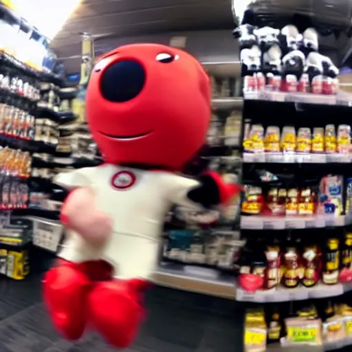 Image similar to bodycam photo of a drunk chris evans beating a small store mascot, wide angle, fisheye, uhd, 8 k, bodycam, award winning,