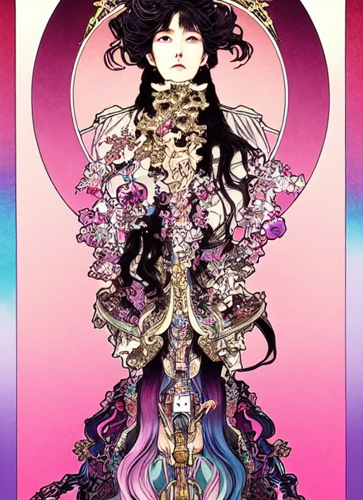 Prompt: artstation highly detailed terada katsuya ayami kojima manga poster of princess mechine, rainbow gradient reflection, long hair, armor, dress, laces, ruffles, 8 k, maximalist,, jump comics, tomer hanuka, alphonse mucha