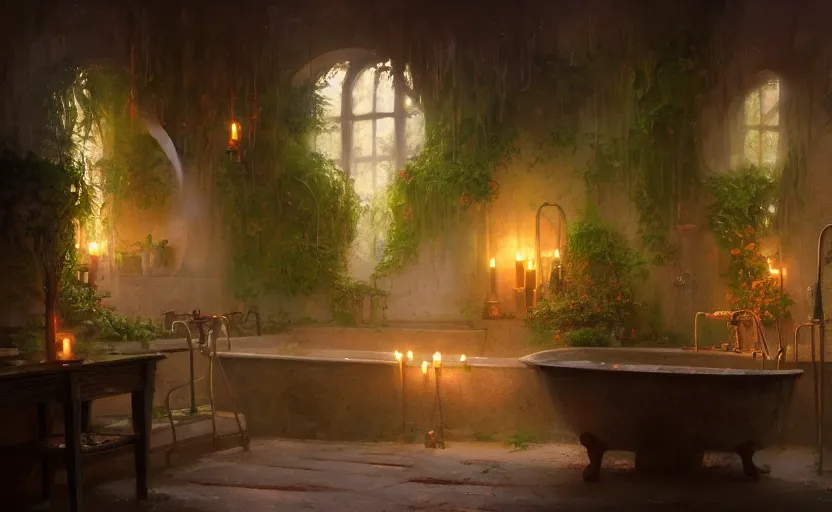 Image similar to painting of an interior of a bath house with candles, fantasy, lush plants and flowers, natural light, concept art, by greg rutkowski and craig mullins, cozy atmospheric and cinematic lighting, trending on artstation