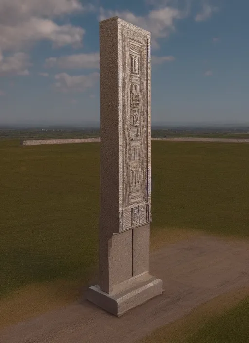 Prompt: highly detailed realistic architecture 3 d render of a metallic monumental stele in frank lloyd wright style standing on a highway, archdaily, made in unreal engine 4 octane render