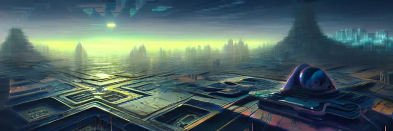 Image similar to a sprawling cybernetic temple, a large hi - tech city, and a river surrounded by fractal mountains, volumetric clouds, cybernetic faces, vaporwave aesthetic, colorful, psychedelic, digital painting, artstation, concept art, smooth, sharp focus, illustration, art by artgerm and greg rutkowski and alphonse mucha