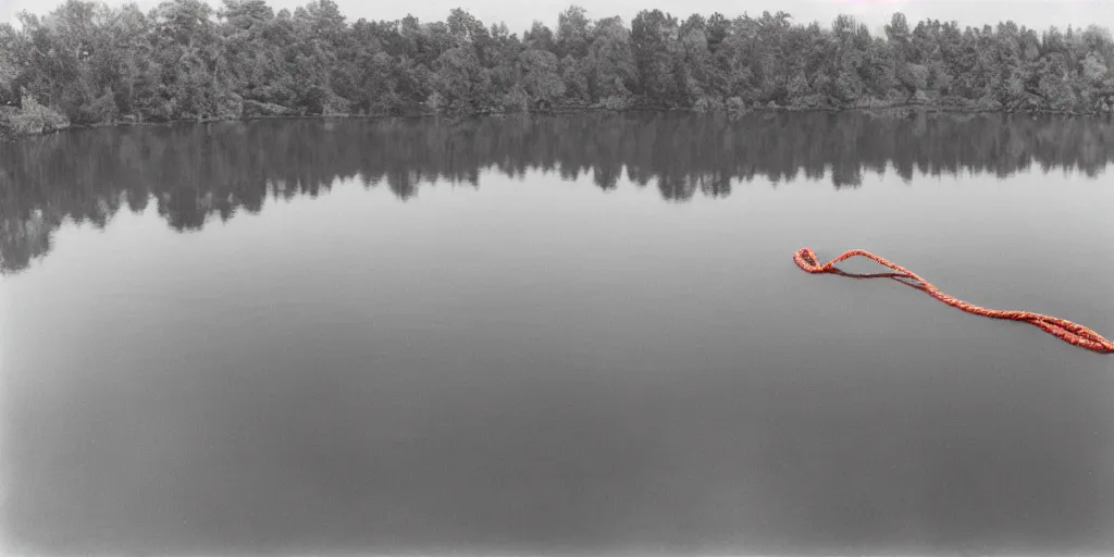 Image similar to centered photograph of a infintely long rope zig zagging across the surface of the water into the distance, floating submerged rope stretching out towards the center of the lake, a dark lake on a cloudy day, atmospheric, color film, trees in the background, hyper - detailed photo, anamorphic lens