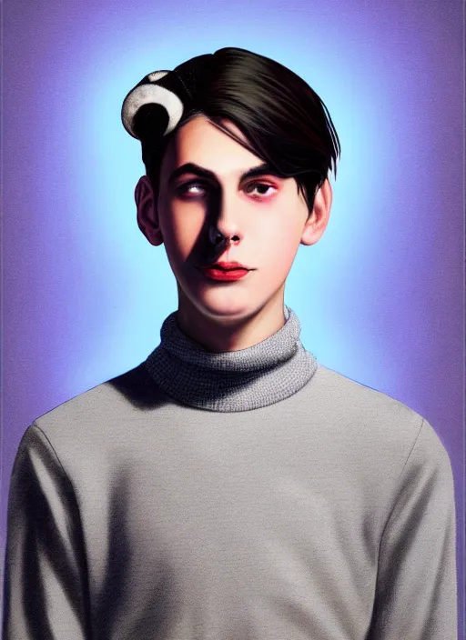 Image similar to portrait of teenage jughead jones wearing a light grey crown, crown, blue turtleneck, 1 9 5 0 s, closed eyes, photorealistic, black hair, glowing lighting, intricate, elegant, glowing lights, highly detailed, digital painting, artstation, concept art, smooth, sharp focus, illustration, art by wlop, mars ravelo and greg rutkowski