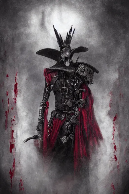 Image similar to the ghost - spirit of the grim - hatter wears the scarlet skull armor and blood crown, midnight fog - mist!, dark oil painting colors, realism, cinematic lighting, various refining methods, micro macro autofocus, ultra definition, award winning photo