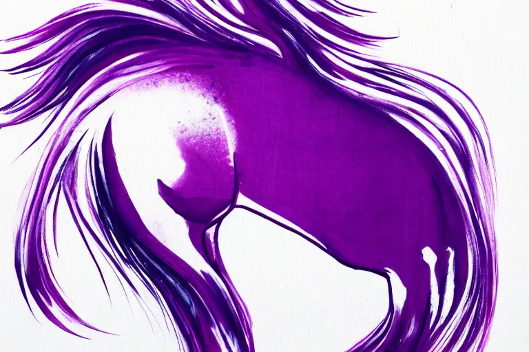 Image similar to bautiful serene horse, healing through motion, minimalistic purpble ink aribrush painting on white background