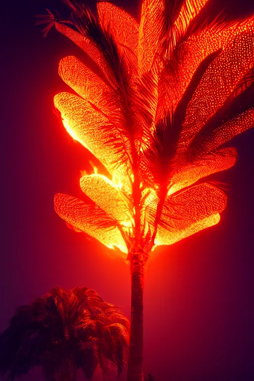 Image similar to hyper-detailed 4K photography Fiery Palm tree lights up black landscape with embers, volumetric lighting, octane render, 4K resolution, trending on artstation, masterpiece