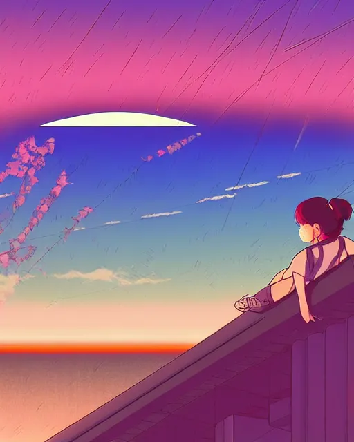 Image similar to detailed aesthetic vaporwave illustration of a girl sitting on the rooftop anime digital art award winning scenery cinematic scene sunset in japan by studio ghibli