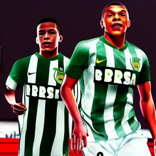 Image similar to kylian mbappe dressed with the betis football team shirt in the benito villamarin, 4 k extremely photorealistic, high contrast colors, hyper detailed!!
