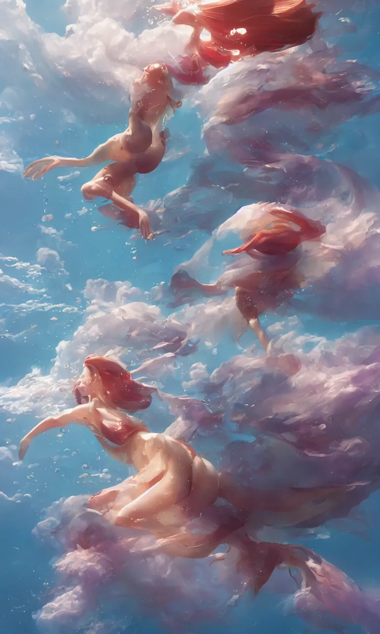 Image similar to a mix between a woman and a fish, diving in the air rounded by jelly clouds made by Stanley Artgerm Lau, WLOP, Rossdraws, ArtStation, CGSociety, concept art, cgsociety, octane render, trending on artstation, artstationHD, artstationHQ, unreal engine, 4k, 8k,