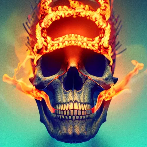Prompt: a highly detailed human skull with intricate designs with fire for eyes on fire in front of a neon blue background, 3 d, octane render, symmetrical, hyper realism, highly detailed, digital art, artstation, concept art, cinematic lighting, strong bokeh, trending