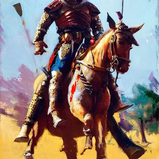 Image similar to portrait of mel gibson as rider with couched jousting lance, colorful caparisons, chainmail, detailed by greg manchess, craig mullins, bernie fuchs, walter everett