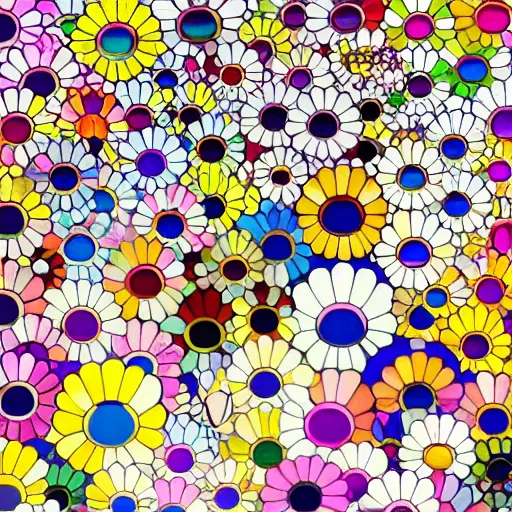 Prompt: silhouette of head exploding into flowers, bright colors, Takashi Murakami, Minimalist,