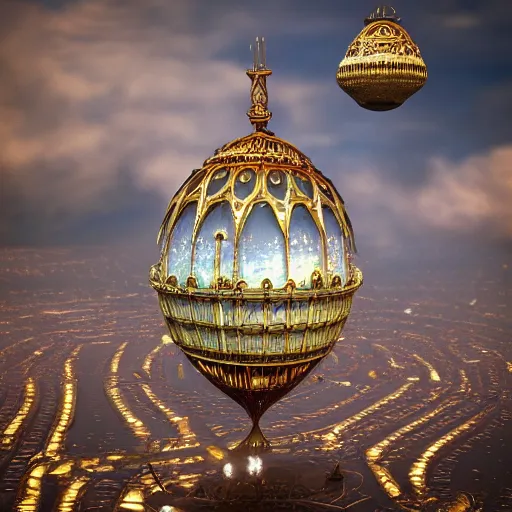 Image similar to enormous flying city in a faberge egg, sky, steampunk, fantasy art, masterpiece, octane render