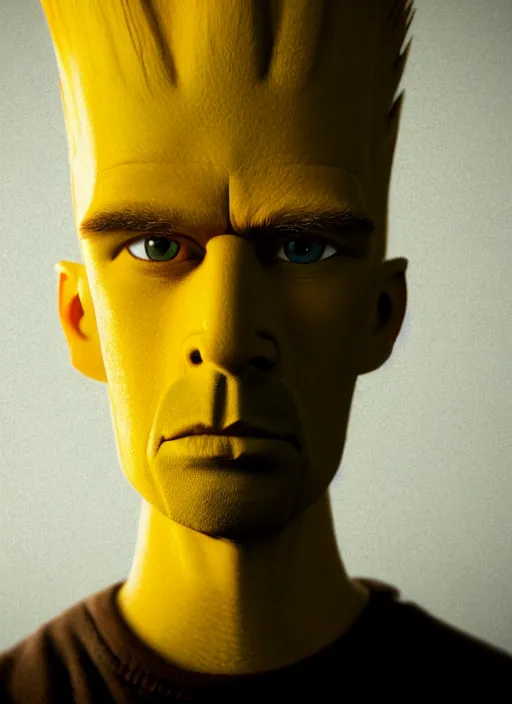 Image similar to bart simpson in real life, face centered portrait of bart simpson, confident, fog, rain, volumetric lighting, beautiful, golden hour, sharp focus, ultra detailed, cgsociety by leesha hannigan, ross tran, thierry doizon, kai carpenter, ignacio fernandez rios, noir art house, 4 k, 3 5 mm, fujifilm