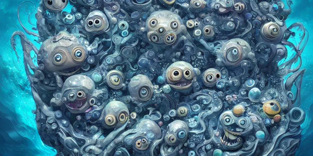 Image similar to of an intricate deep sea with strange cute friendly happy creatures with huge eyes, long tongue, round teeth and goofy funny face, appearing from the background, in the style of gehry and gaudi, macro lens, shallow depth of field, ultra detailed, digital painting, trending artstation, concept art, illustration, cinematic lighting, photorealism, epic, octane render