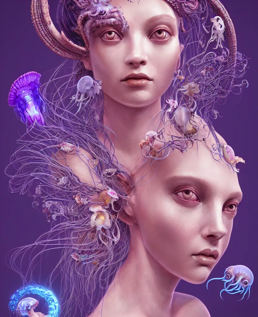 Image similar to goddess close-up portrait of princess face and ram skull. eyes. jellyfish phoenix head, nautilus, orchid, skull, betta fish, bioluminiscent creatures, intricate artwork by Tooth Wu and wlop and beeple. octane render, trending on artstation, greg rutkowski very coherent symmetrical artwork. cinematic, hyper realism, high detail, octane render, 8k