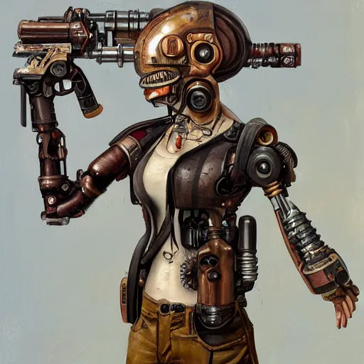 Image similar to a steam punk cyborg holding a 1 2 gauge shotgun highly detailed, digital painting, artstation, concept art, smooth, sharp focus, illustration, art by lucian freud