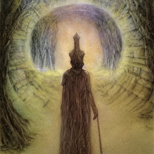 Image similar to painting in the style of artstation of a druid standing alone at the beginning of time by alan lee and brian froud