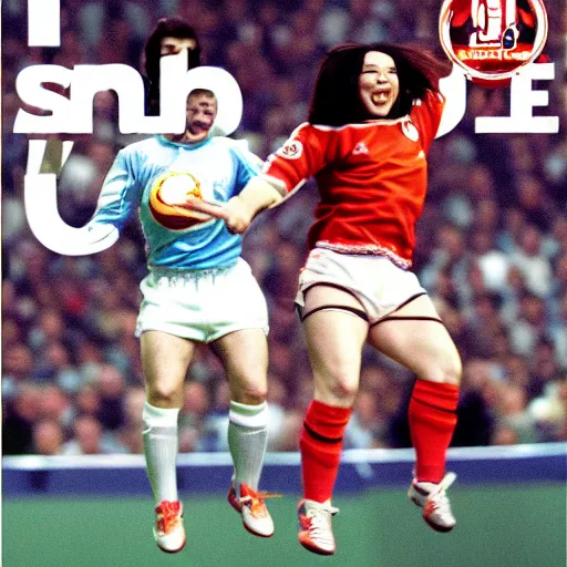 Prompt: A sport magazine photograph of Bjork jumping in the air above Peter Shilton's head. Peter Shilton is amazed, while Bjork has a shy smile