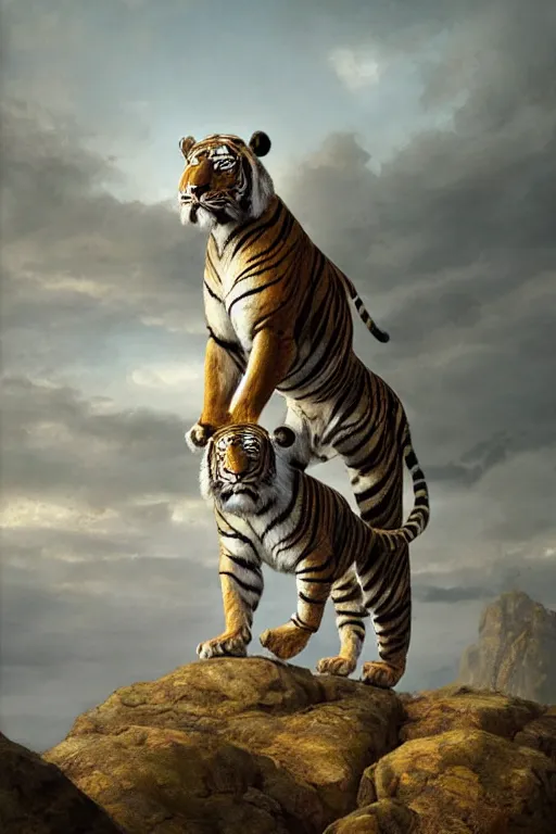 Prompt: a humanoid muscular tiger king stands on a rock by greg rutkowski, magic realism, hyper realistic, 2 0 0 mm lens