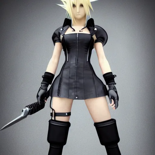 Prompt: 3D render, Cloud Strife wearing Tifa Lockheart’s outfit in the style of Final Fantasy VII Advent Children