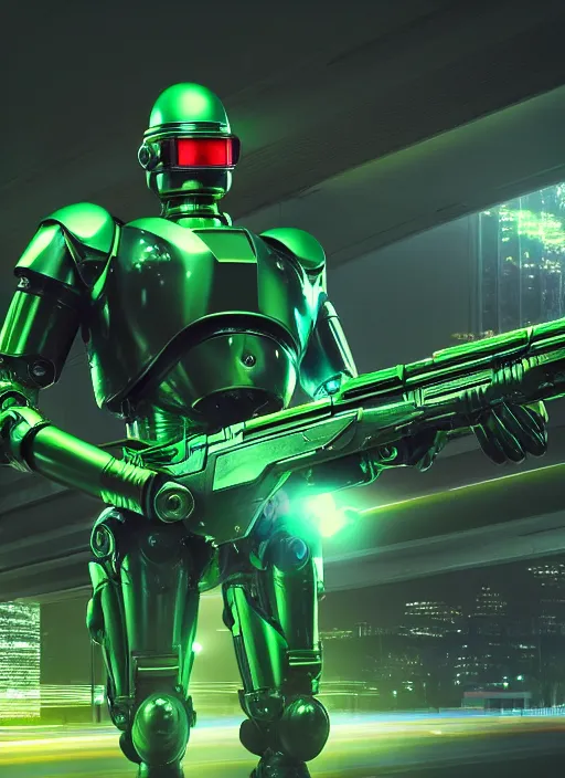 Prompt: subsurface scattering, green, future kyoto city ， a robocop patrolling with a weapon ， vibrant colors, octane render, fenghua zhong, volume light, highly detailed, rim light, art, cinematic lighting, very coherent, hyper realism, 8 k